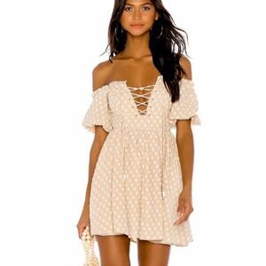 House of Harlow X Revolve Frans dress Lace Up Puff Sleeves Dot Print Tan Large
